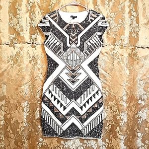Express, SP, black, gold, and off-white, sequined dress